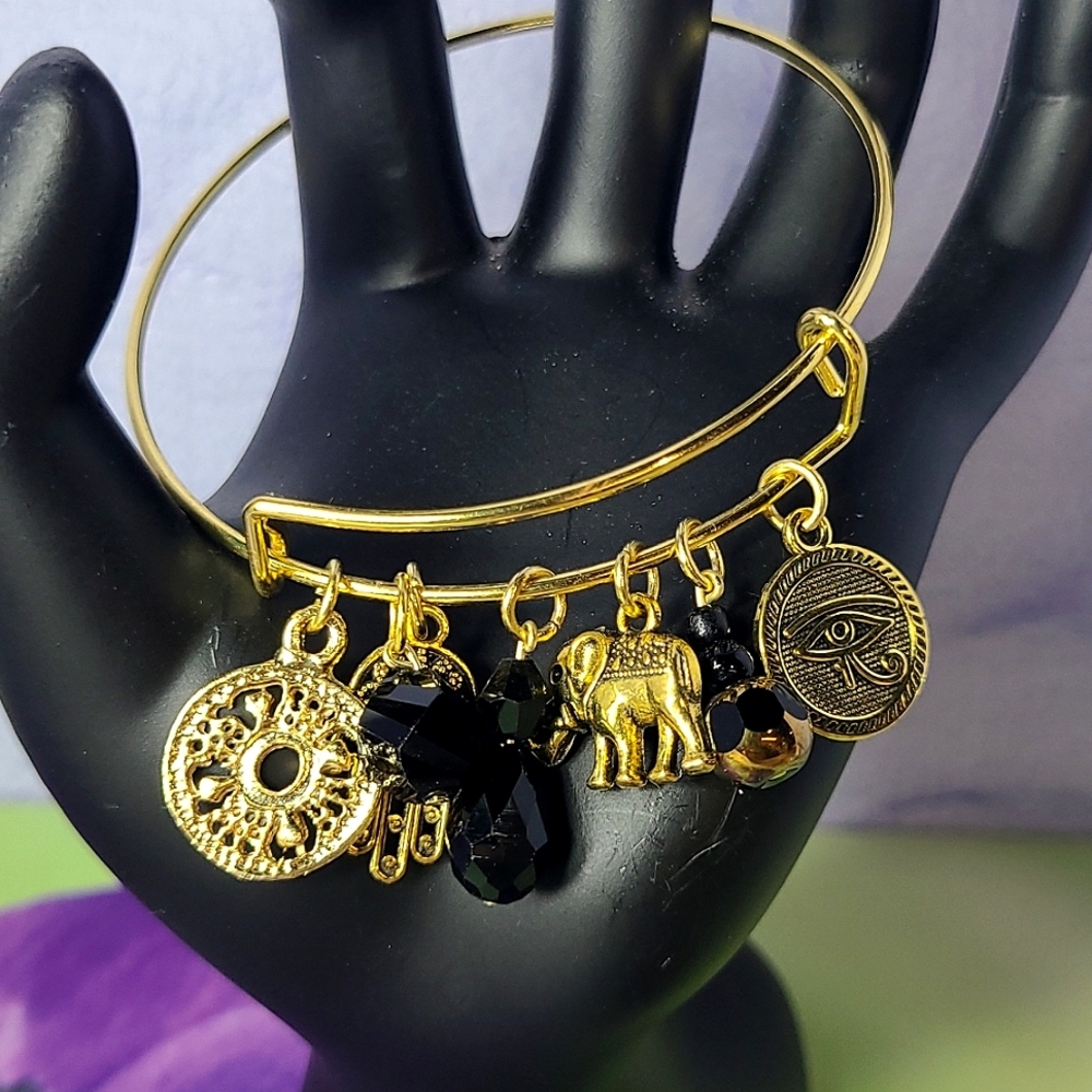 ZEN Bangle Charm Bracelet Adjustable Slide Dangle Bead Lucky Elephant Goldtone